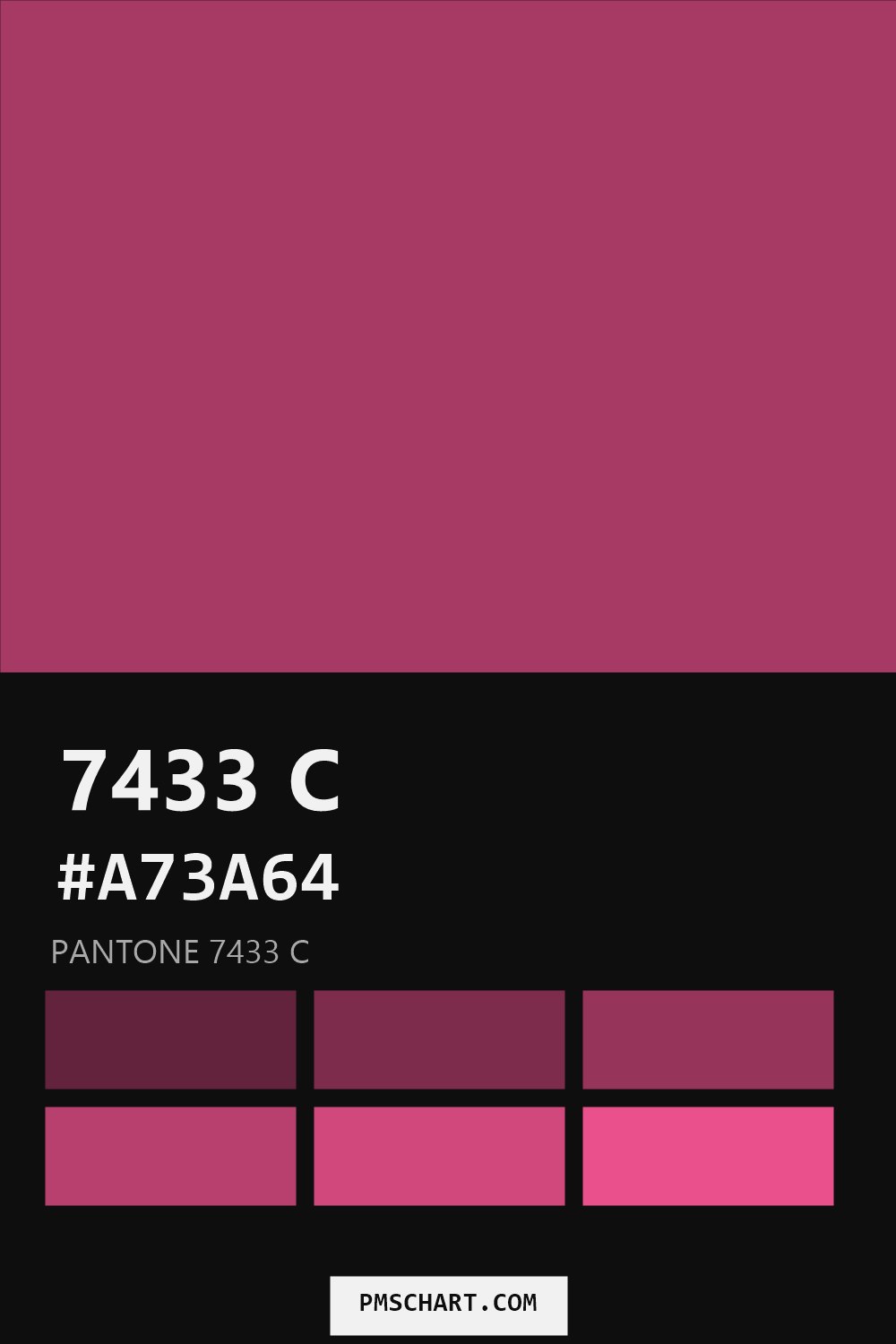 Pantone 7433 C color reference card (HEX #A73A64) with six nearest Pantone matches