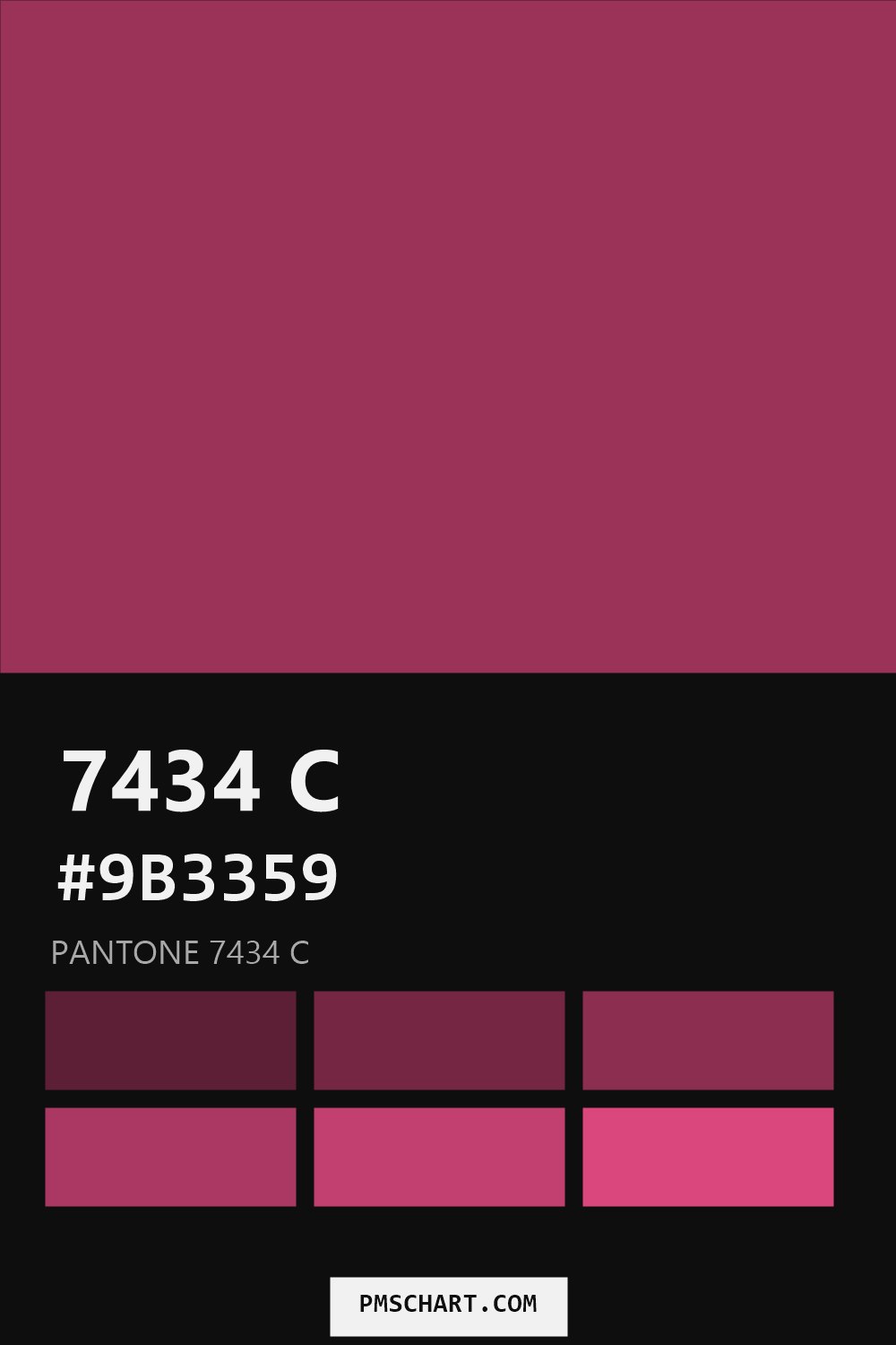 Pantone 7434 C color reference card (HEX #9B3359) with six nearest Pantone matches