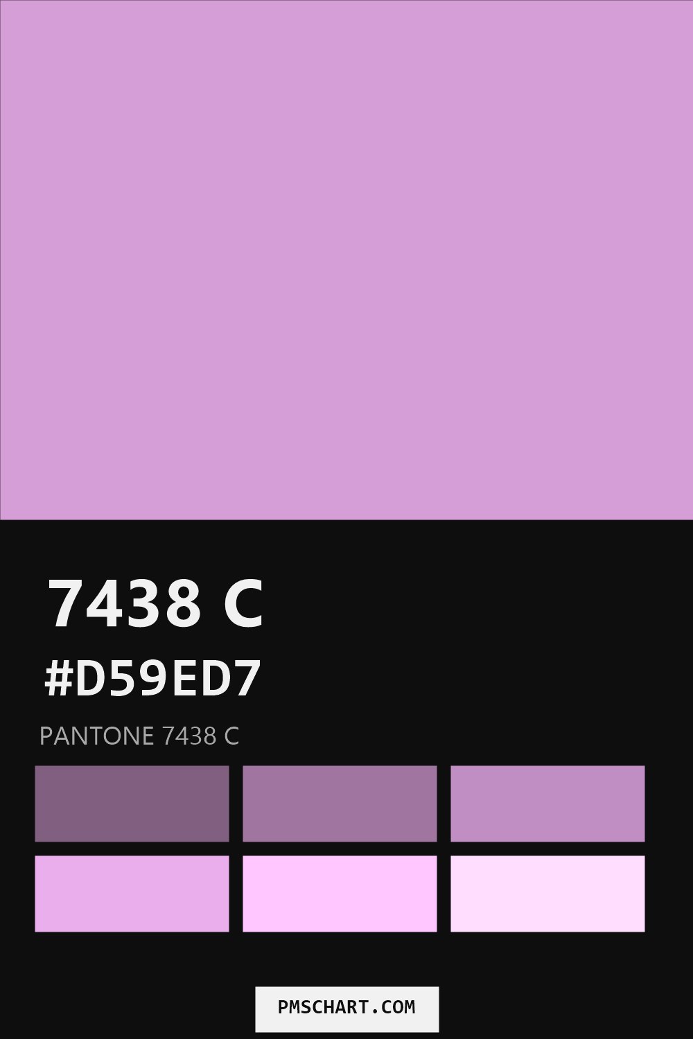 Pantone 7438 C color reference card (HEX #D59ED7) with six nearest Pantone matches