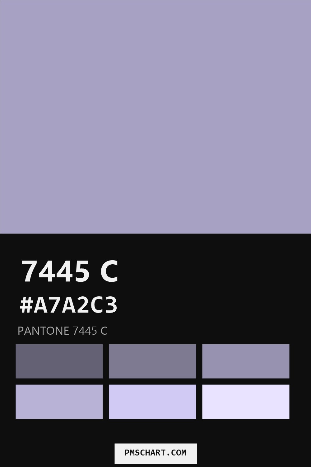 Pantone 7445 C color reference card (HEX #A7A2C3) with six nearest Pantone matches