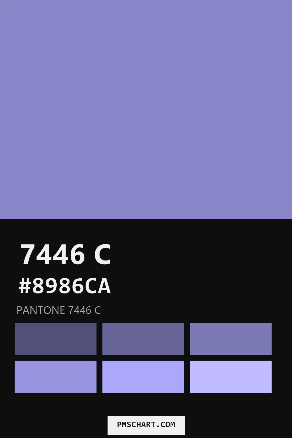 Pantone 7446 C color reference card (HEX #8986CA) with six nearest Pantone matches