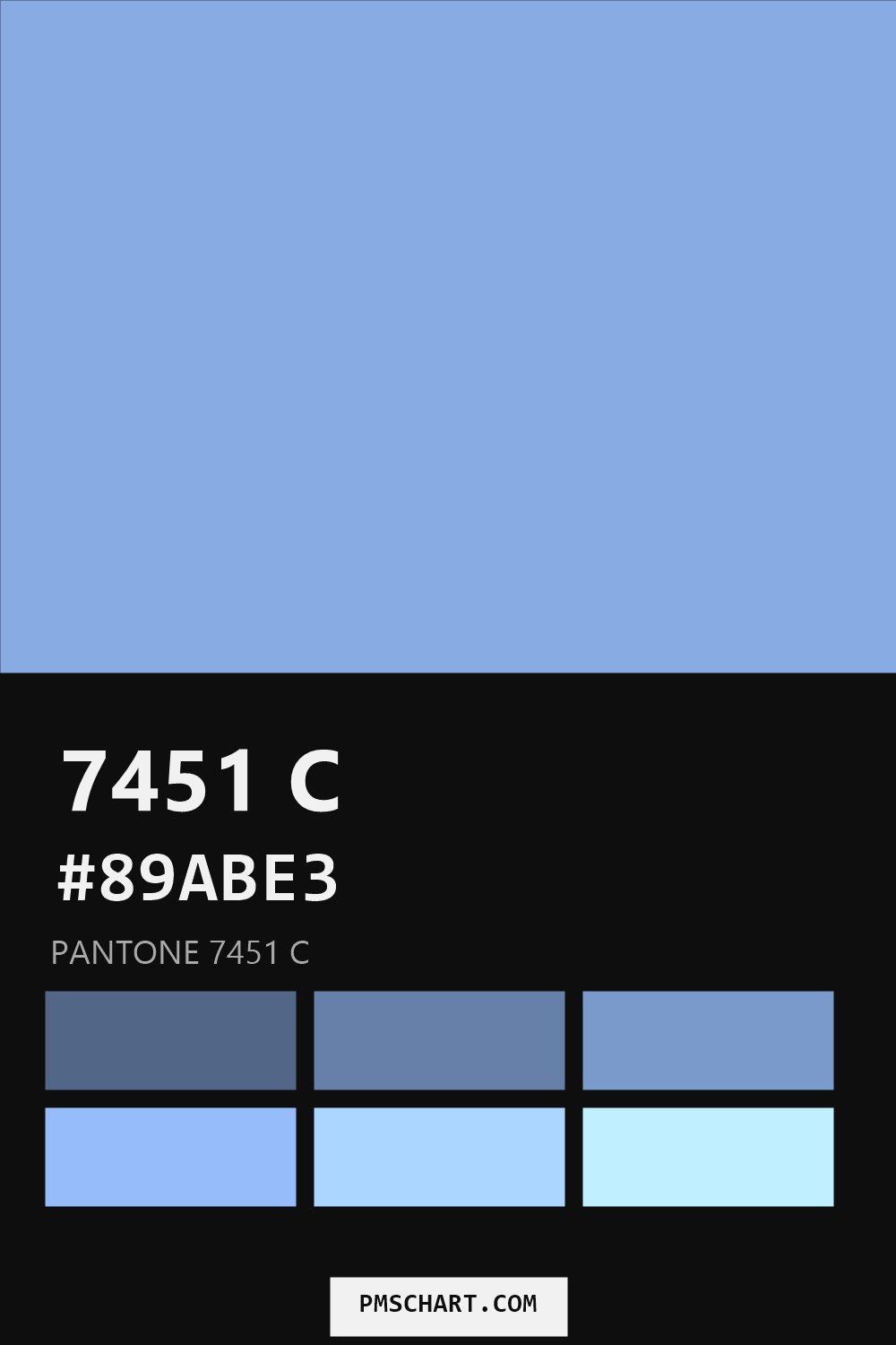 Pantone 7451 C color reference card (HEX #89ABE3) with six nearest Pantone matches
