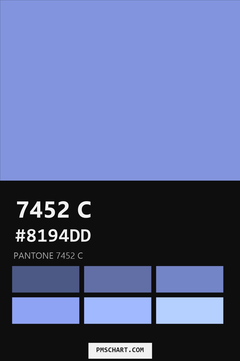 Pantone 7452 C color reference card (HEX #8194DD) with six nearest Pantone matches