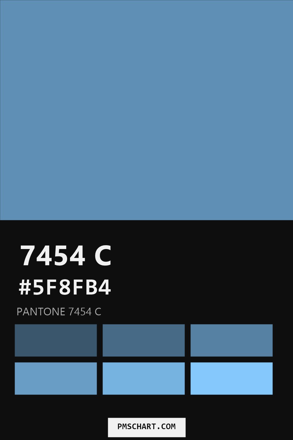 Pantone 7454 C color reference card (HEX #5F8FB4) with six nearest Pantone matches