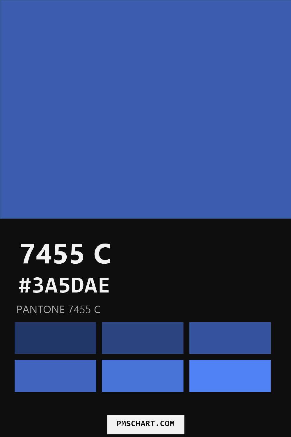 Pantone 7455 C color reference card (HEX #3A5DAE) with six nearest Pantone matches