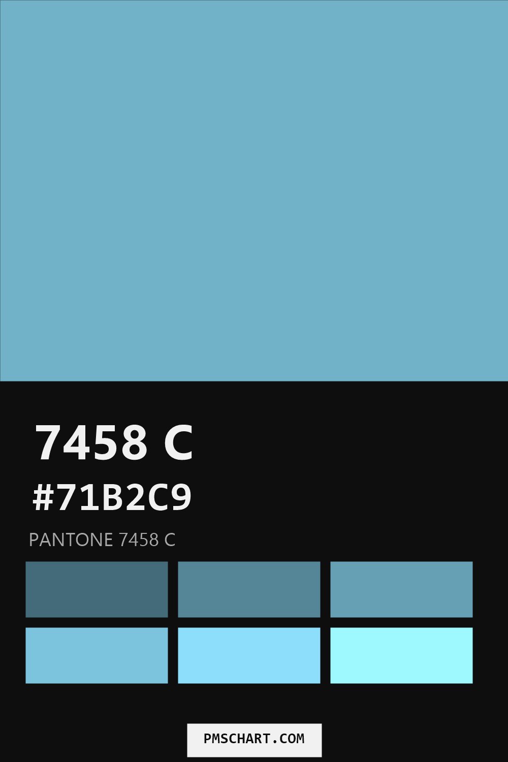 Pantone 7458 C color reference card (HEX #71B2C9) with six nearest Pantone matches