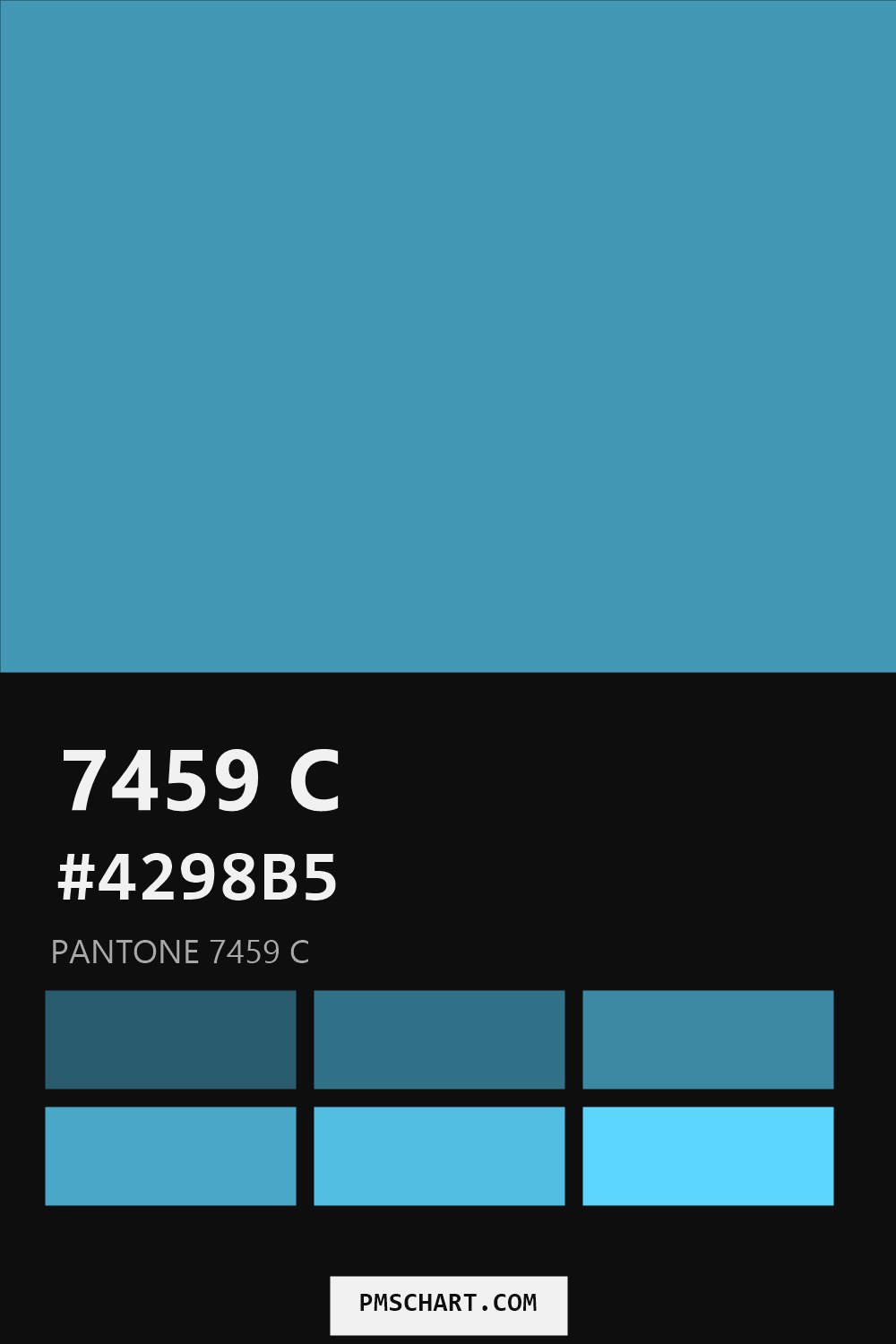 Pantone 7459 C color reference card (HEX #4298B5) with six nearest Pantone matches