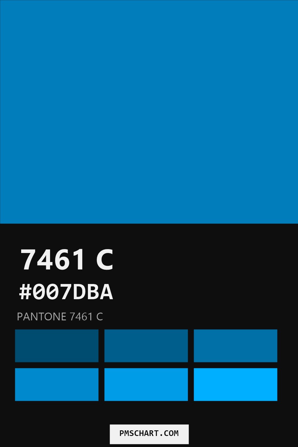 Pantone 7461 C color reference card (HEX #007DBA) with six nearest Pantone matches