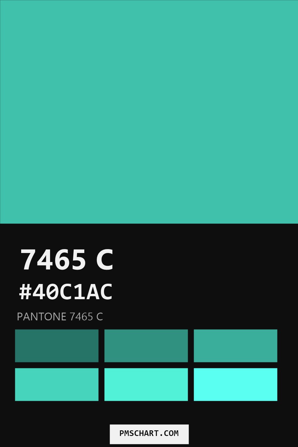 Pantone 7465 C color reference card (HEX #40C1AC) with six nearest Pantone matches