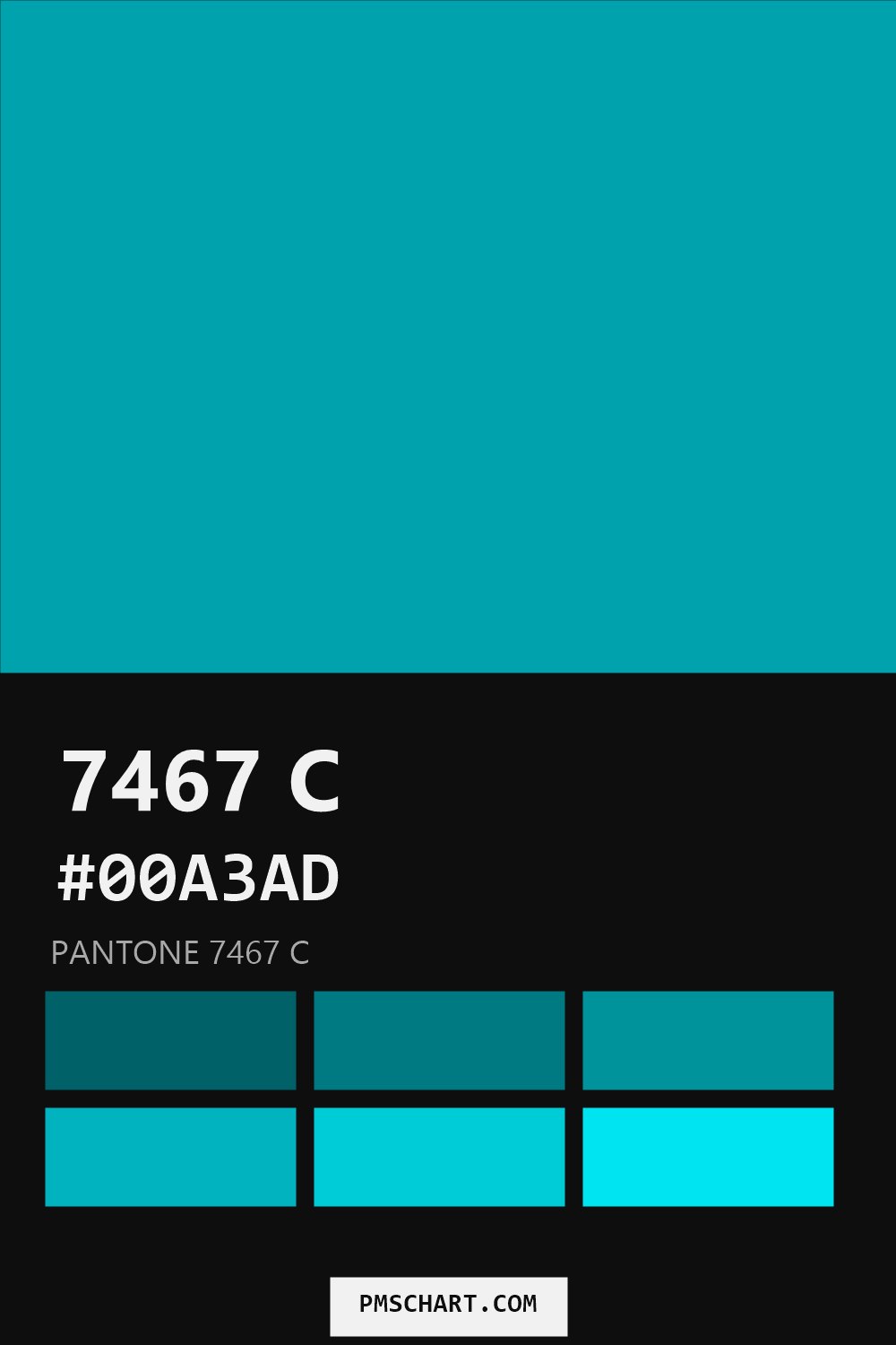 Pantone 7467 C color reference card (HEX #00A3AD) with six nearest Pantone matches