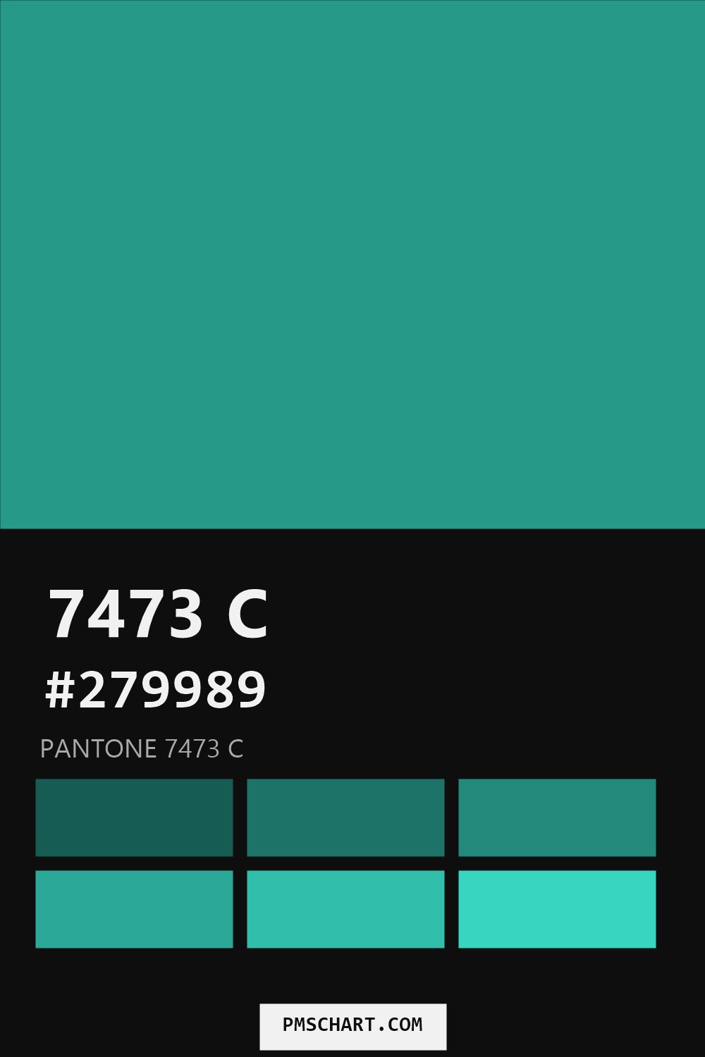 Pantone 7473 C color reference card (HEX #279989) with six nearest Pantone matches
