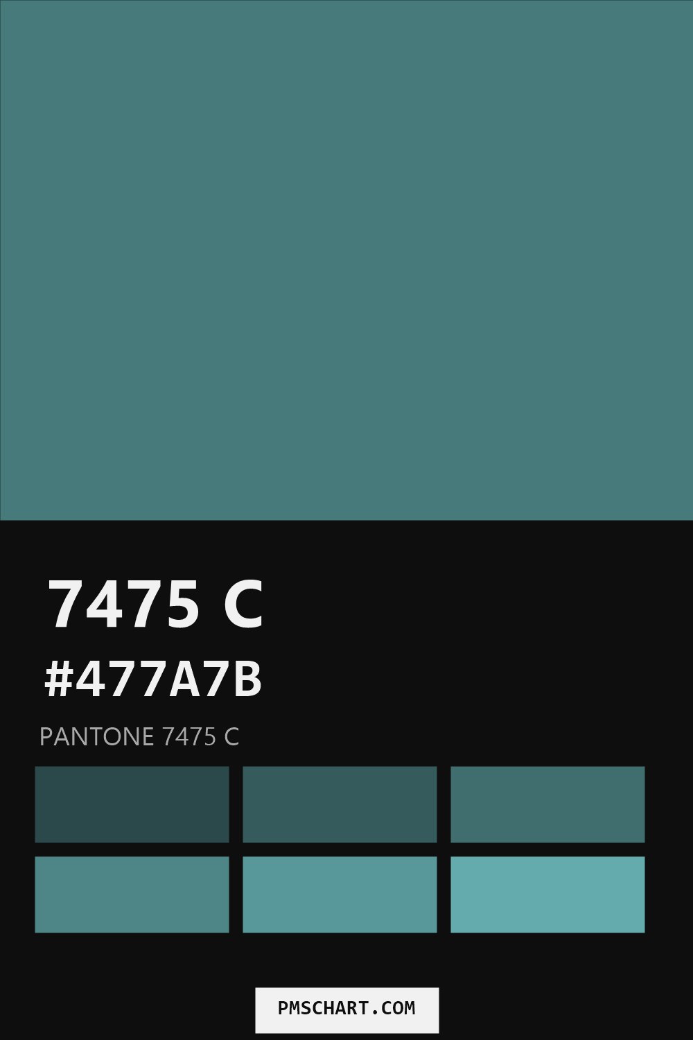 Pantone 7475 C color reference card (HEX #477A7B) with six nearest Pantone matches