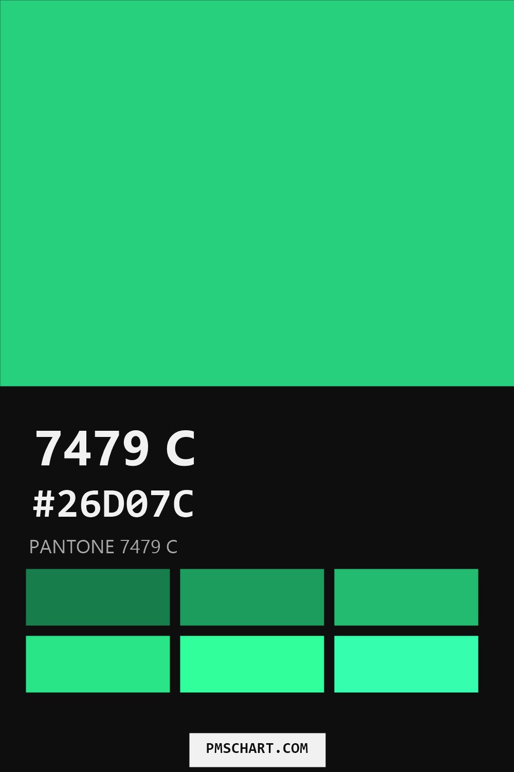 Pantone 7479 C color reference card (HEX #26D07C) with six nearest Pantone matches