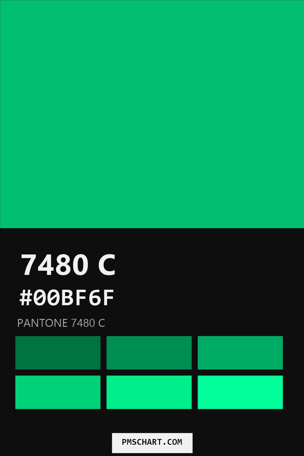 Pantone 7480 C color reference card (HEX #00BF6F) with six nearest Pantone matches