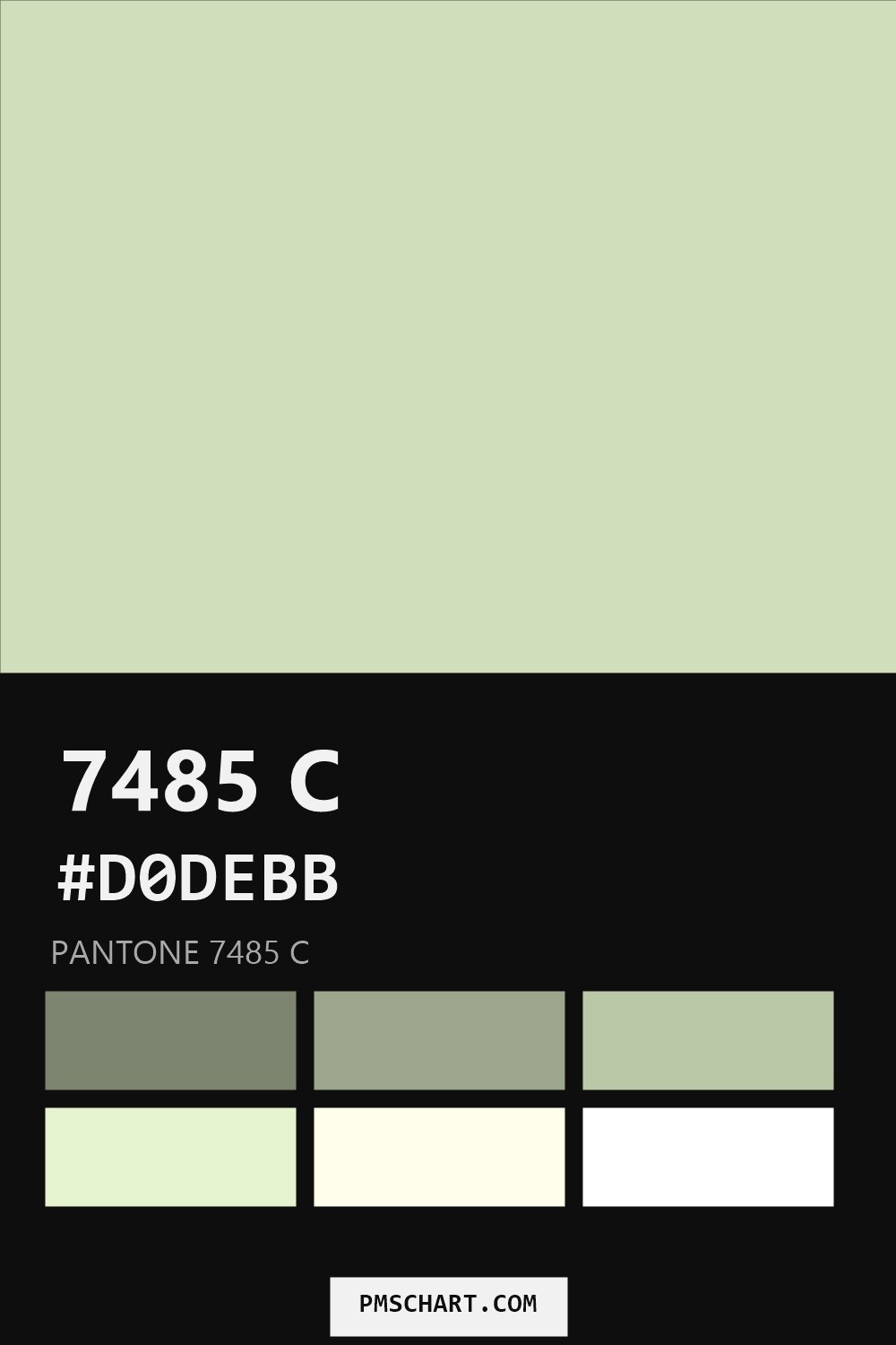 Pantone 7485 C color reference card (HEX #D0DEBB) with six nearest Pantone matches