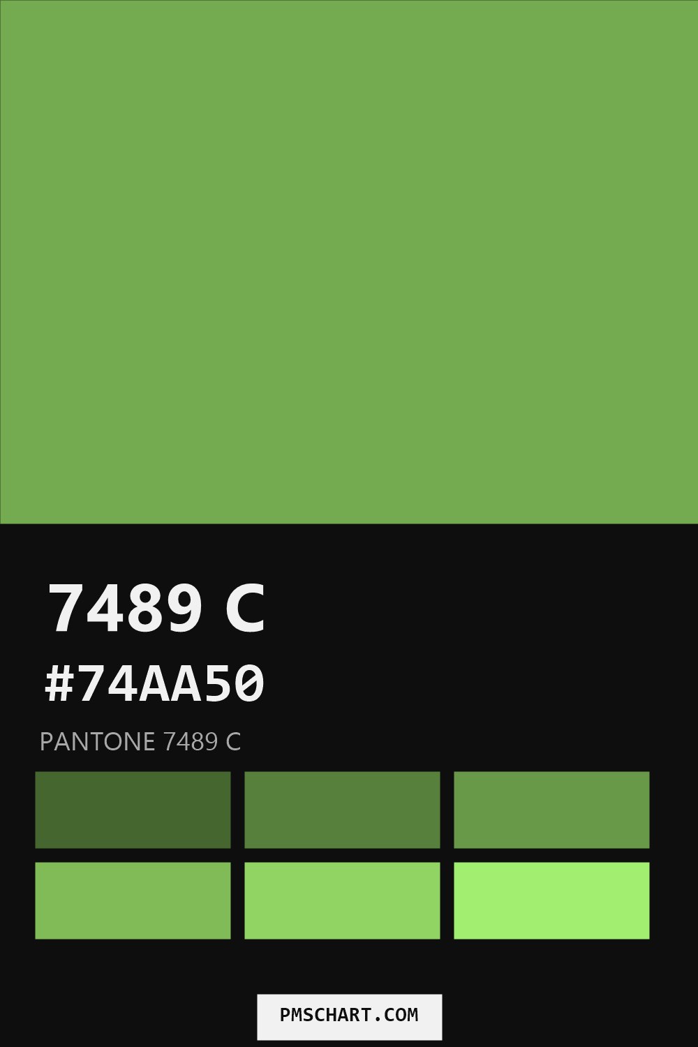 Pantone 7489 C color reference card (HEX #74AA50) with six nearest Pantone matches