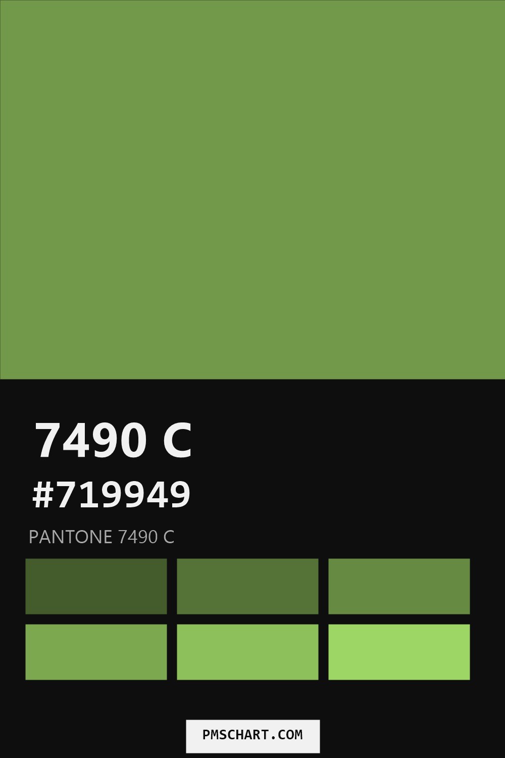 Pantone 7490 C color reference card (HEX #719949) with six nearest Pantone matches