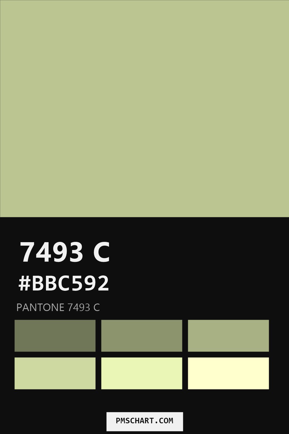Pantone 7493 C color reference card (HEX #BBC592) with six nearest Pantone matches