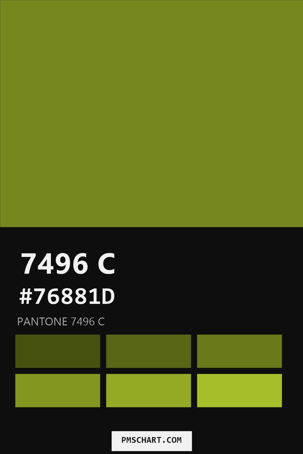 Pantone 7496 C color reference card (HEX #76881D) with six nearest Pantone matches