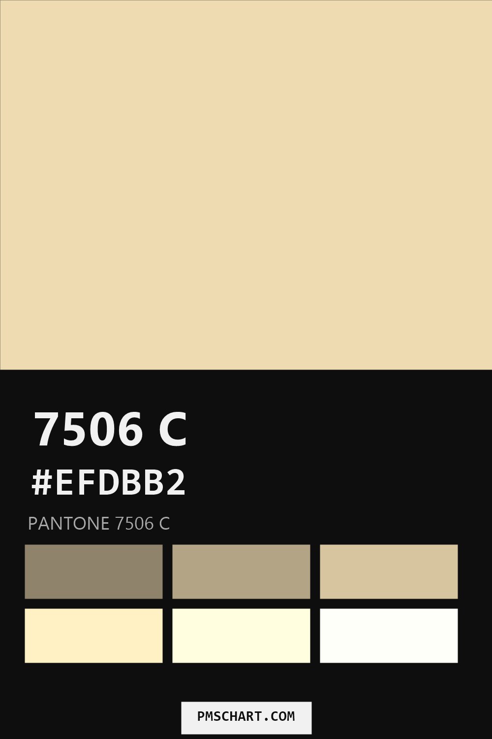 Pantone 7506 C color reference card (HEX #EFDBB2) with six nearest Pantone matches