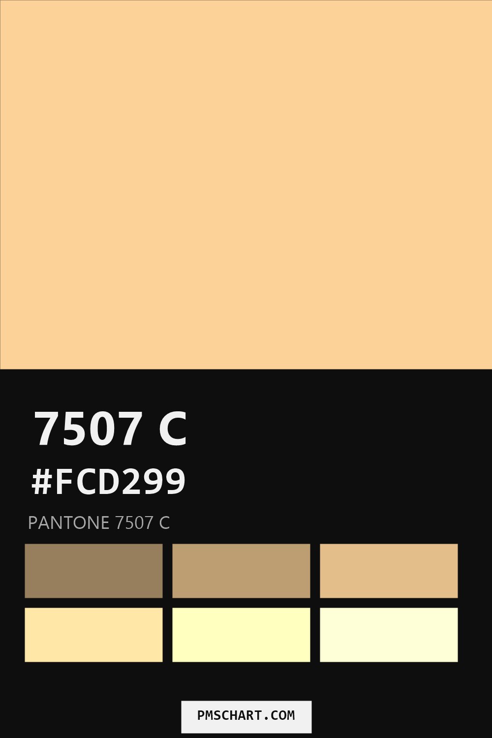 Pantone 7507 C color reference card (HEX #FCD299) with six nearest Pantone matches