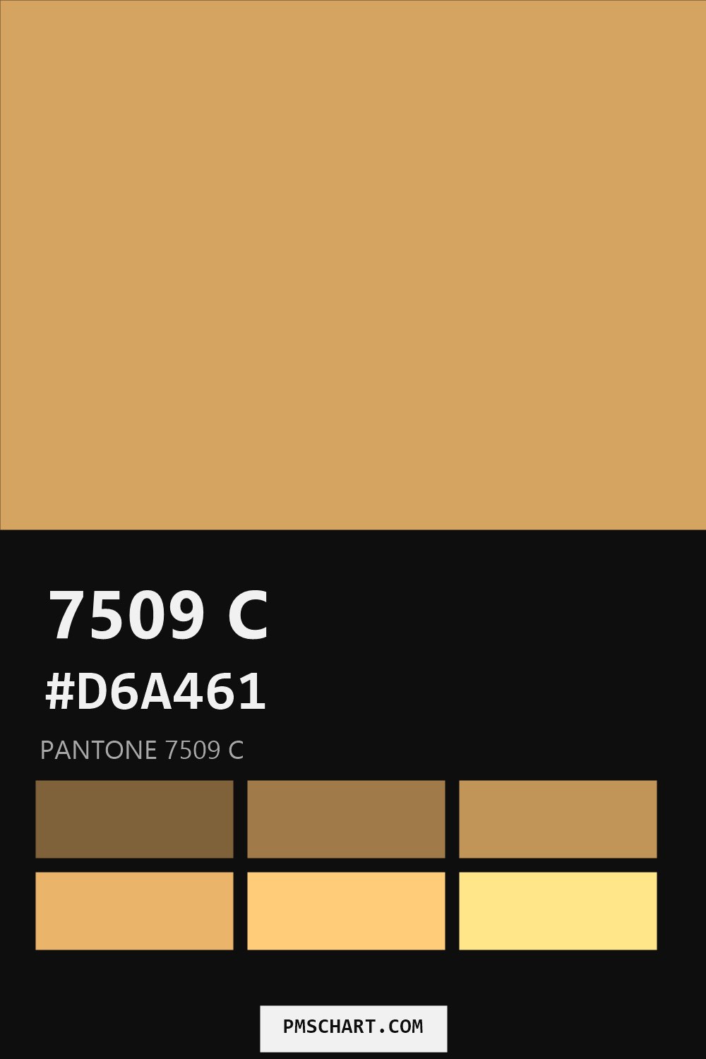 Pantone 7509 C color reference card (HEX #D6A461) with six nearest Pantone matches