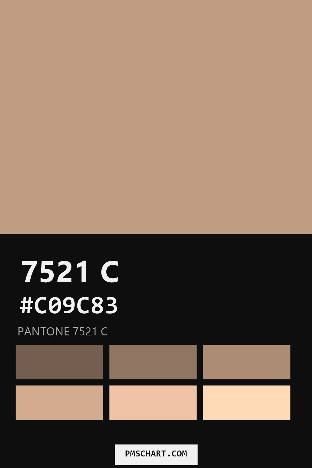 Pantone 7521 C color reference card (HEX #C09C83) with six nearest Pantone matches