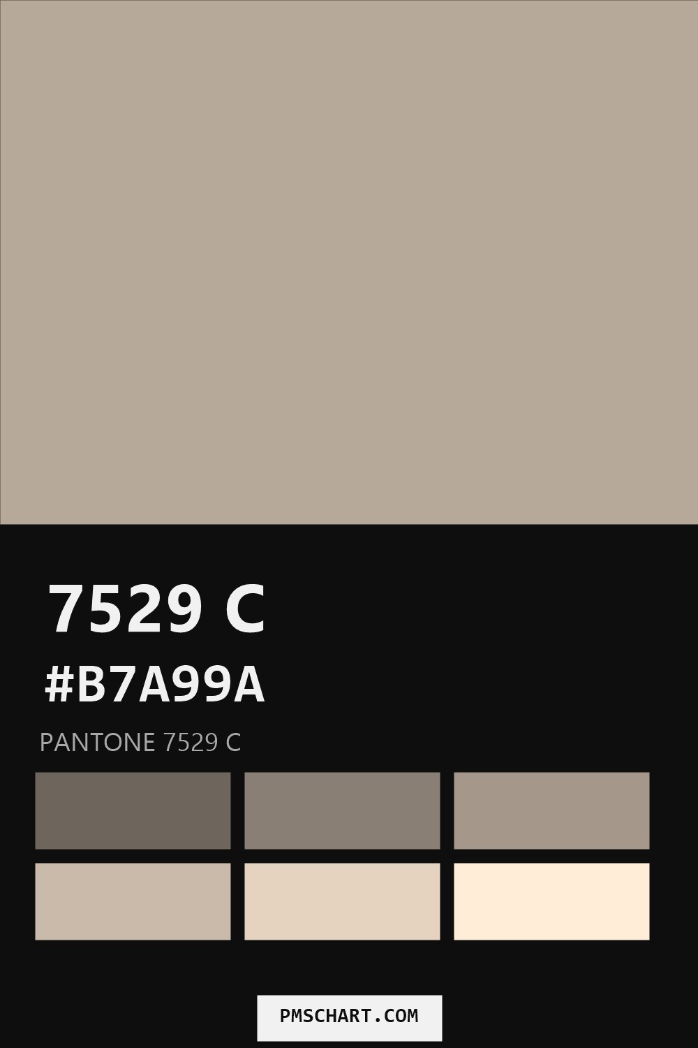 Pantone 7529 C color reference card (HEX #B7A99A) with six nearest Pantone matches