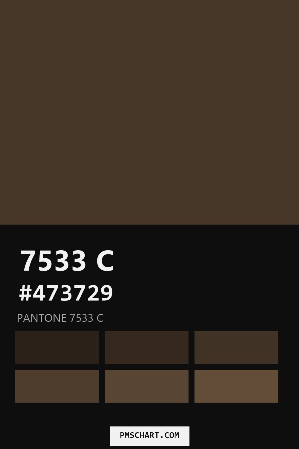 Pantone 7533 C color reference card (HEX #473729) with six nearest Pantone matches