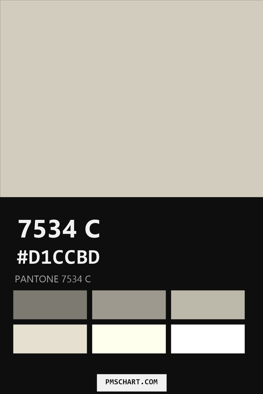 Pantone 7534 C color reference card (HEX #D1CCBD) with six nearest Pantone matches