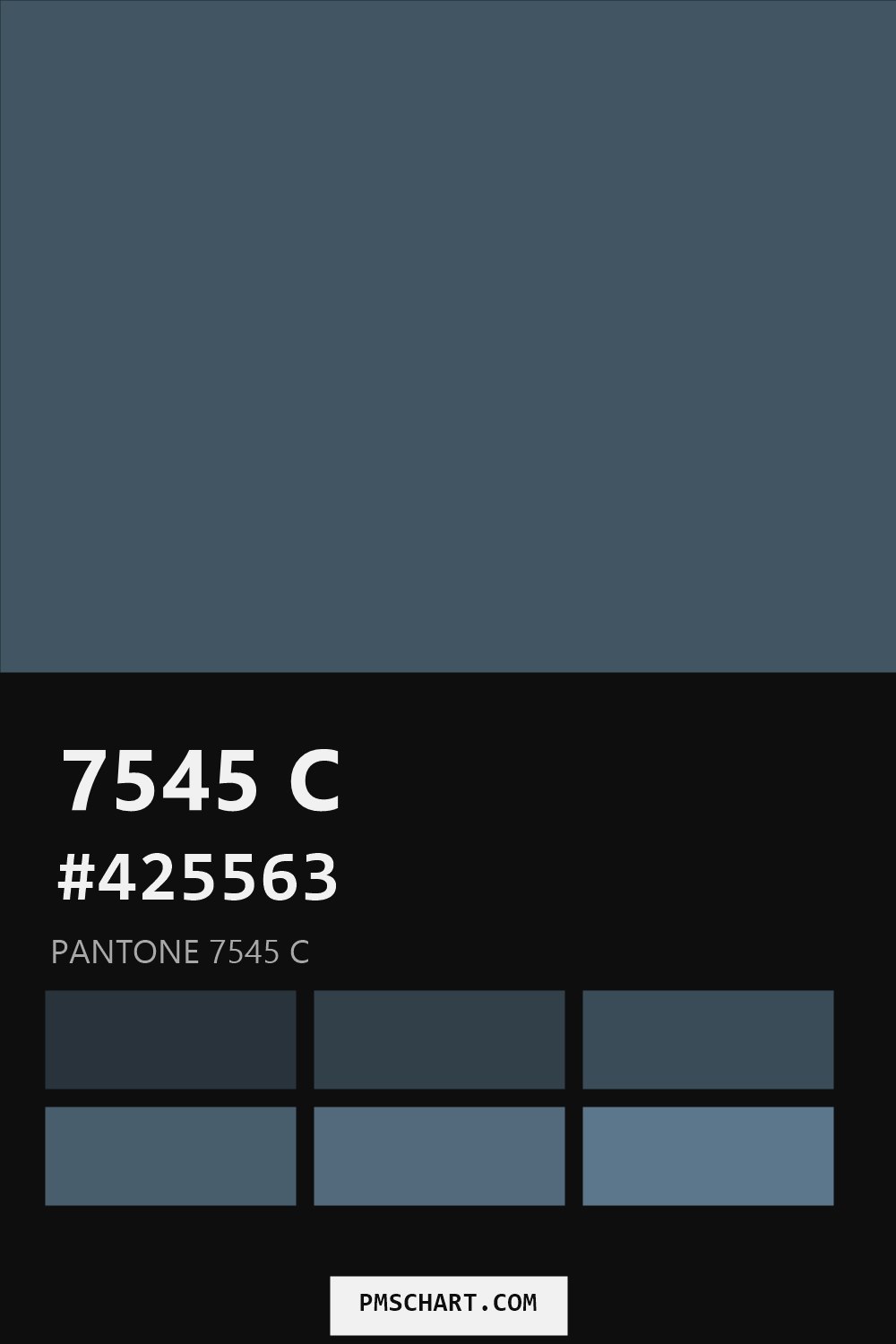 Pantone 7545 C color reference card (HEX #425563) with six nearest Pantone matches