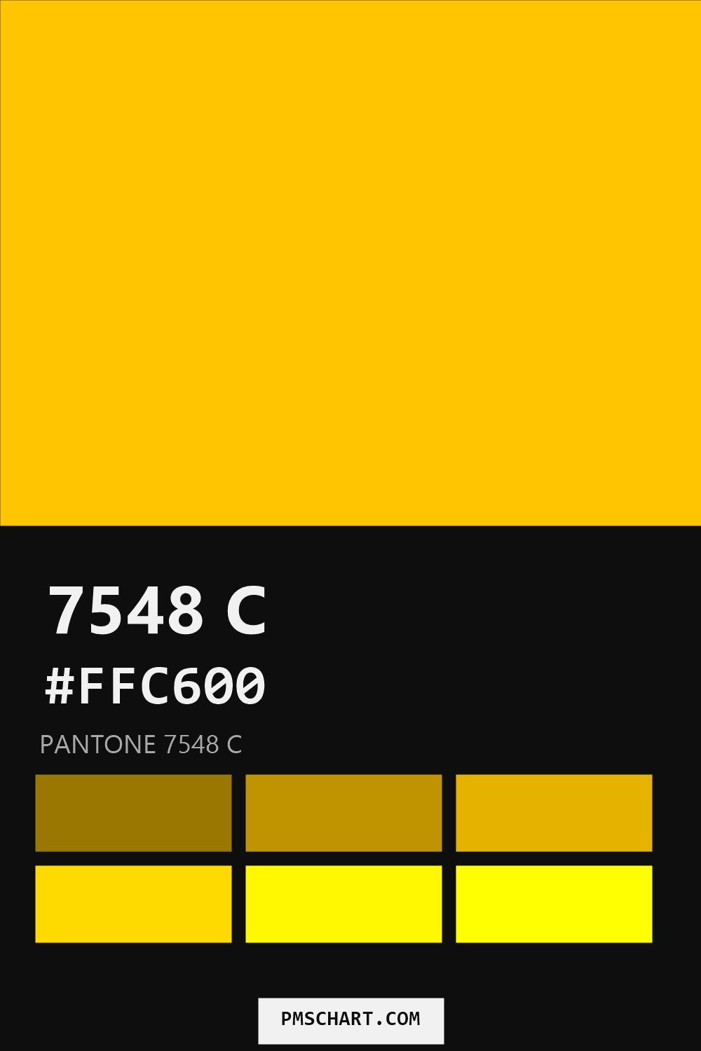Pantone 7548 C color reference card (HEX #FFC600) with six nearest Pantone matches