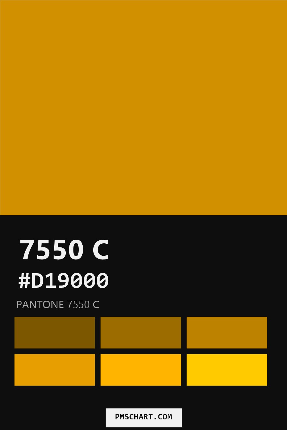 Pantone 7550 C color reference card (HEX #D19000) with six nearest Pantone matches