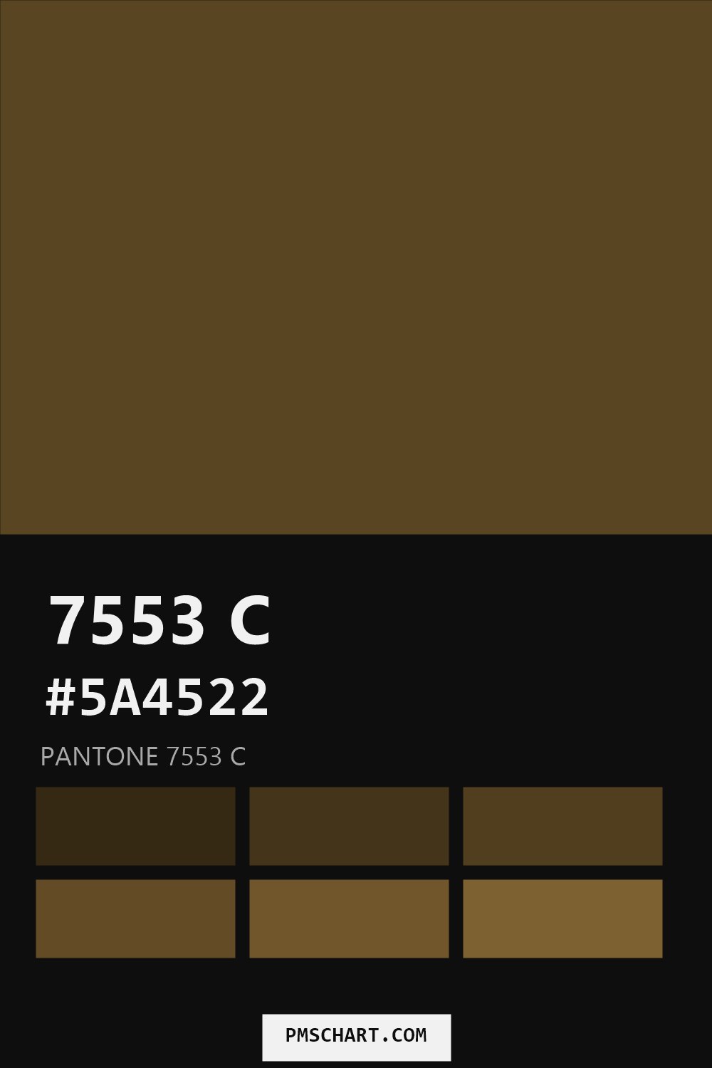 Pantone 7553 C color reference card (HEX #5A4522) with six nearest Pantone matches
