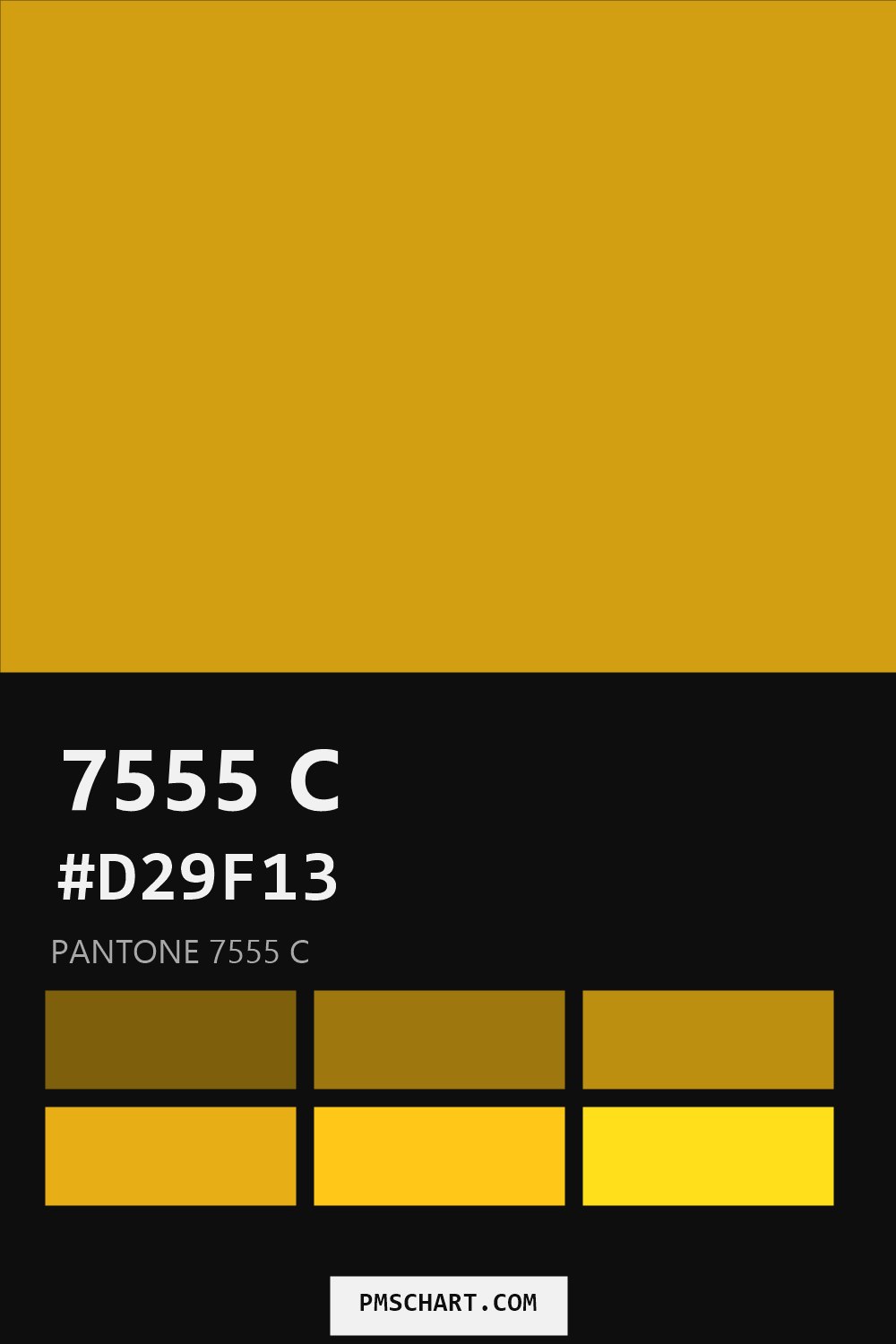 Pantone 7555 C color reference card (HEX #D29F13) with six nearest Pantone matches