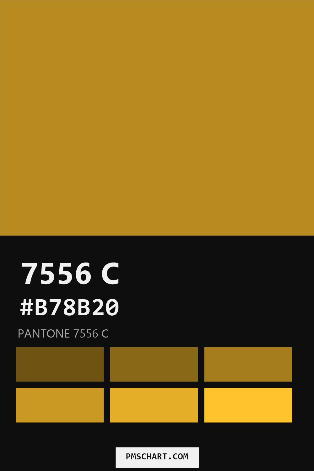 Pantone 7556 C color reference card (HEX #B78B20) with six nearest Pantone matches