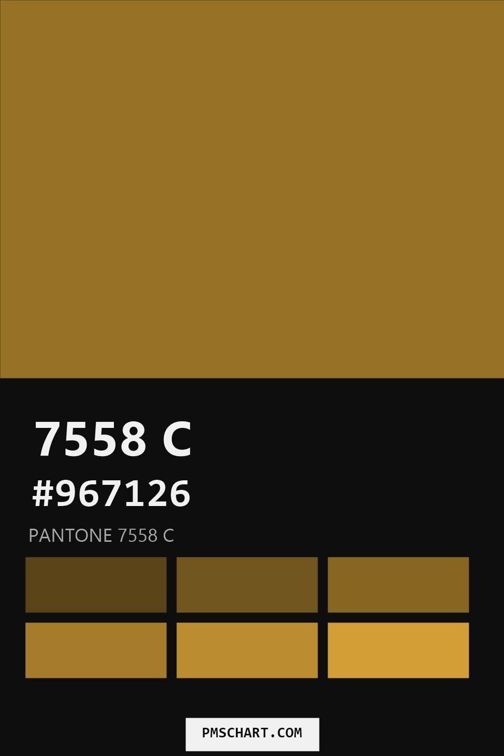 Pantone 7558 C color reference card (HEX #967126) with six nearest Pantone matches