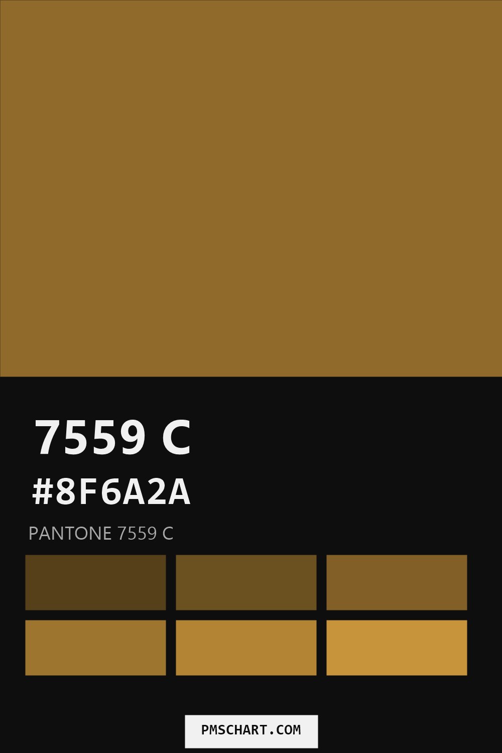 Pantone 7559 C color reference card (HEX #8F6A2A) with six nearest Pantone matches