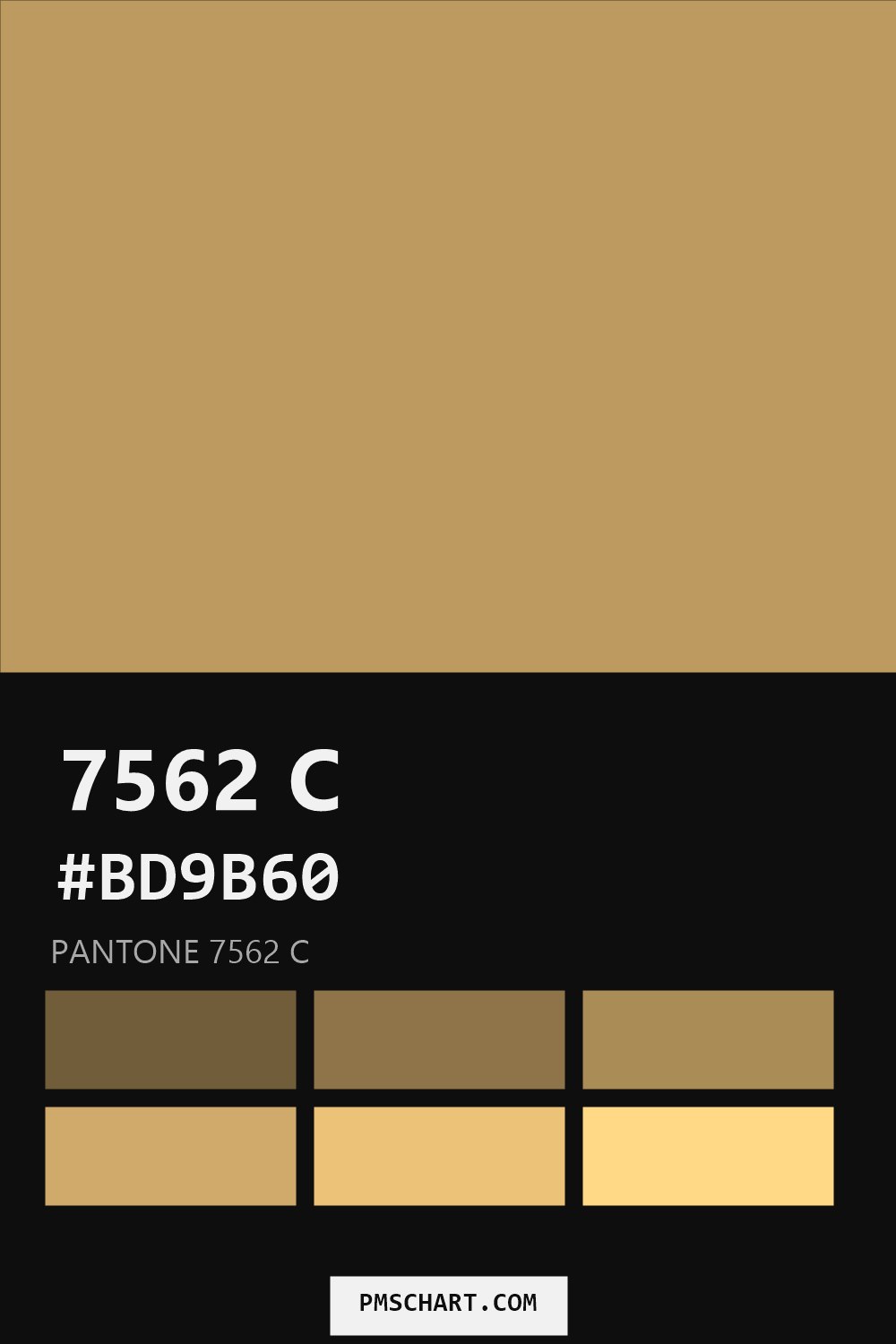 Pantone 7562 C color reference card (HEX #BD9B60) with six nearest Pantone matches