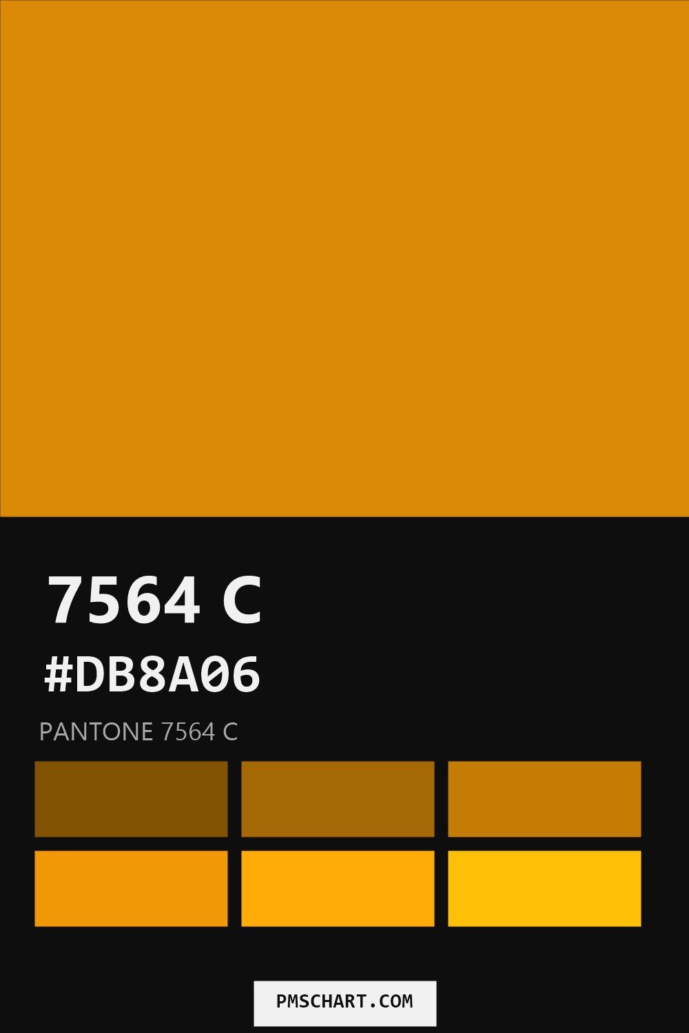 Pantone 7564 C color reference card (HEX #DB8A06) with six nearest Pantone matches