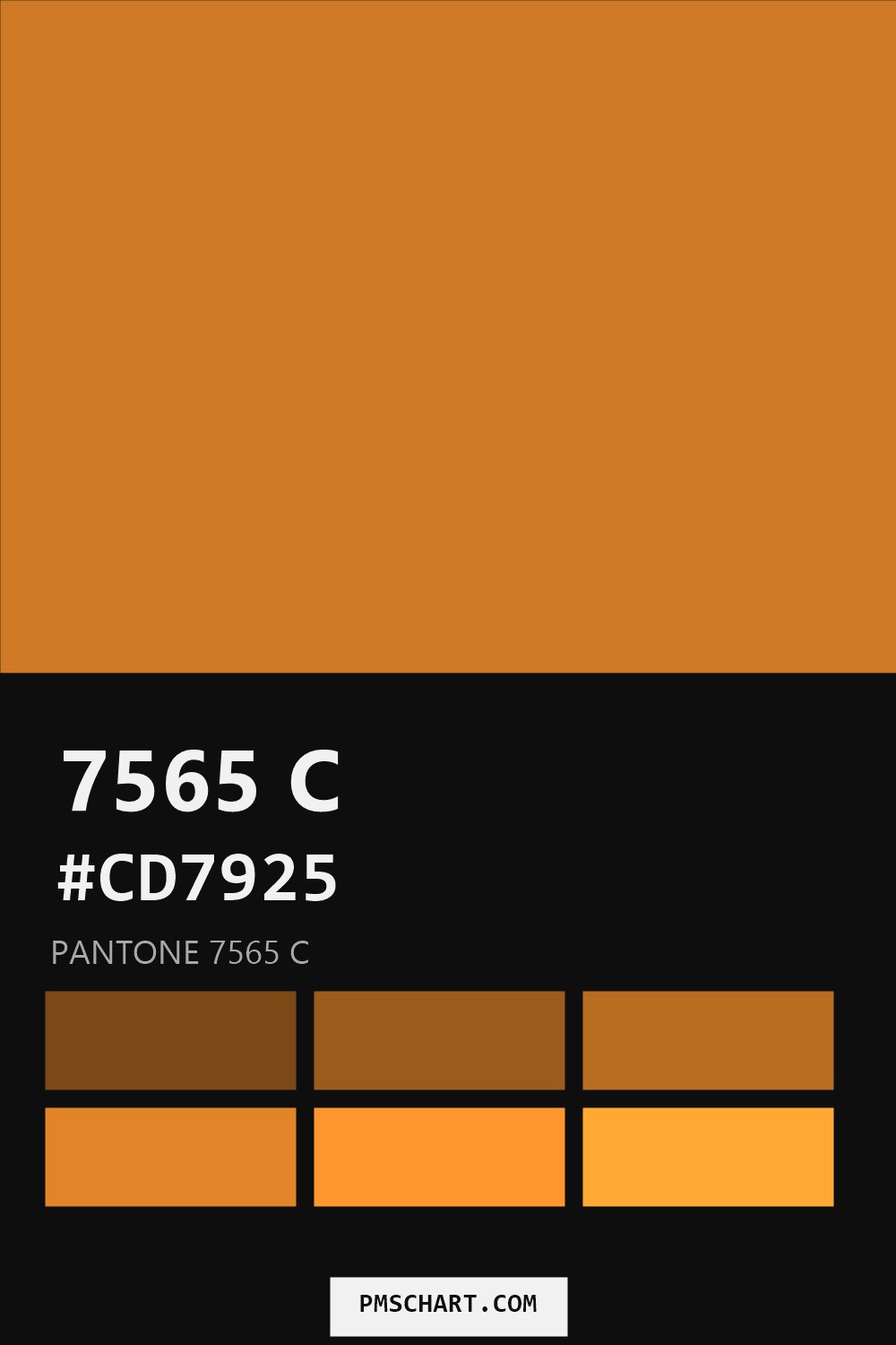 Pantone 7565 C color reference card (HEX #CD7925) with six nearest Pantone matches