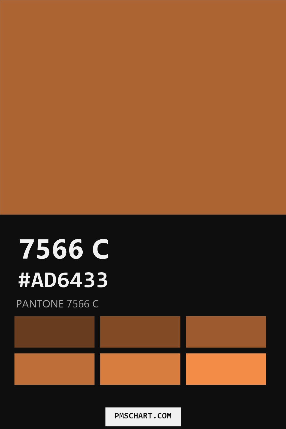 Pantone 7566 C color reference card (HEX #AD6433) with six nearest Pantone matches
