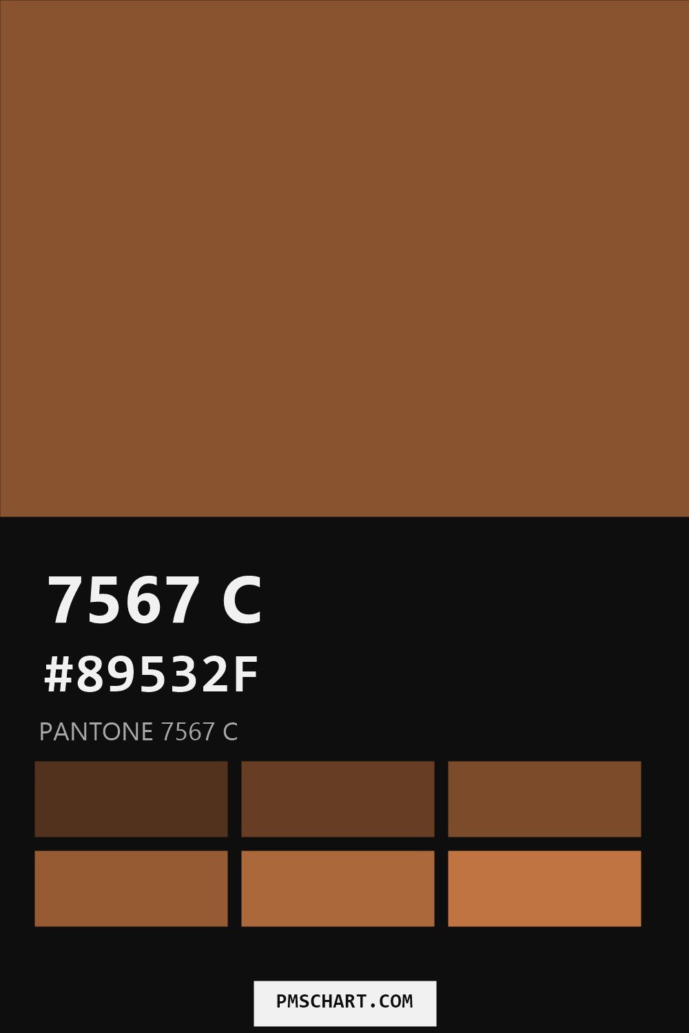 Pantone 7567 C color reference card (HEX #89532F) with six nearest Pantone matches