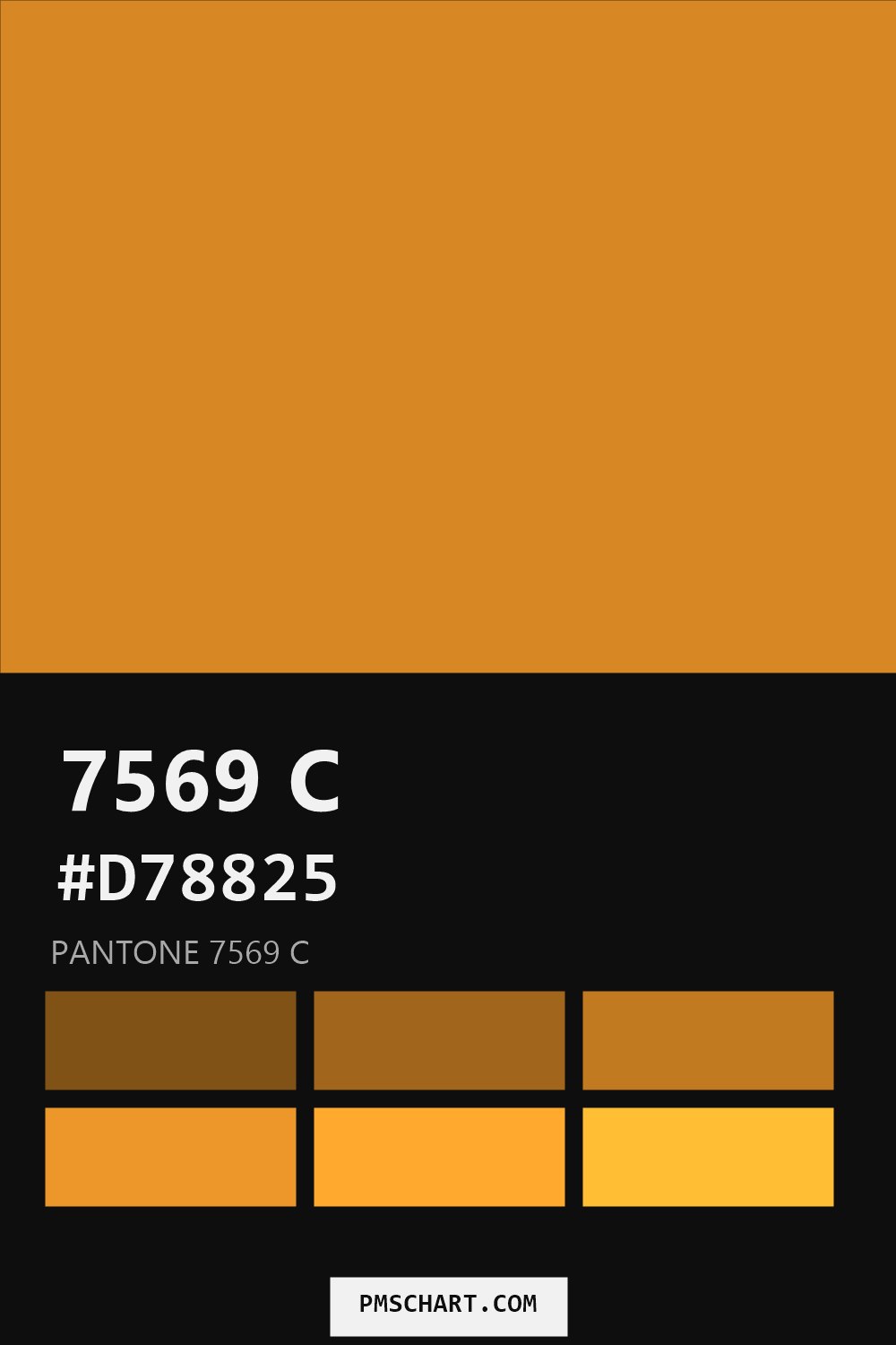 Pantone 7569 C color reference card (HEX #D78825) with six nearest Pantone matches