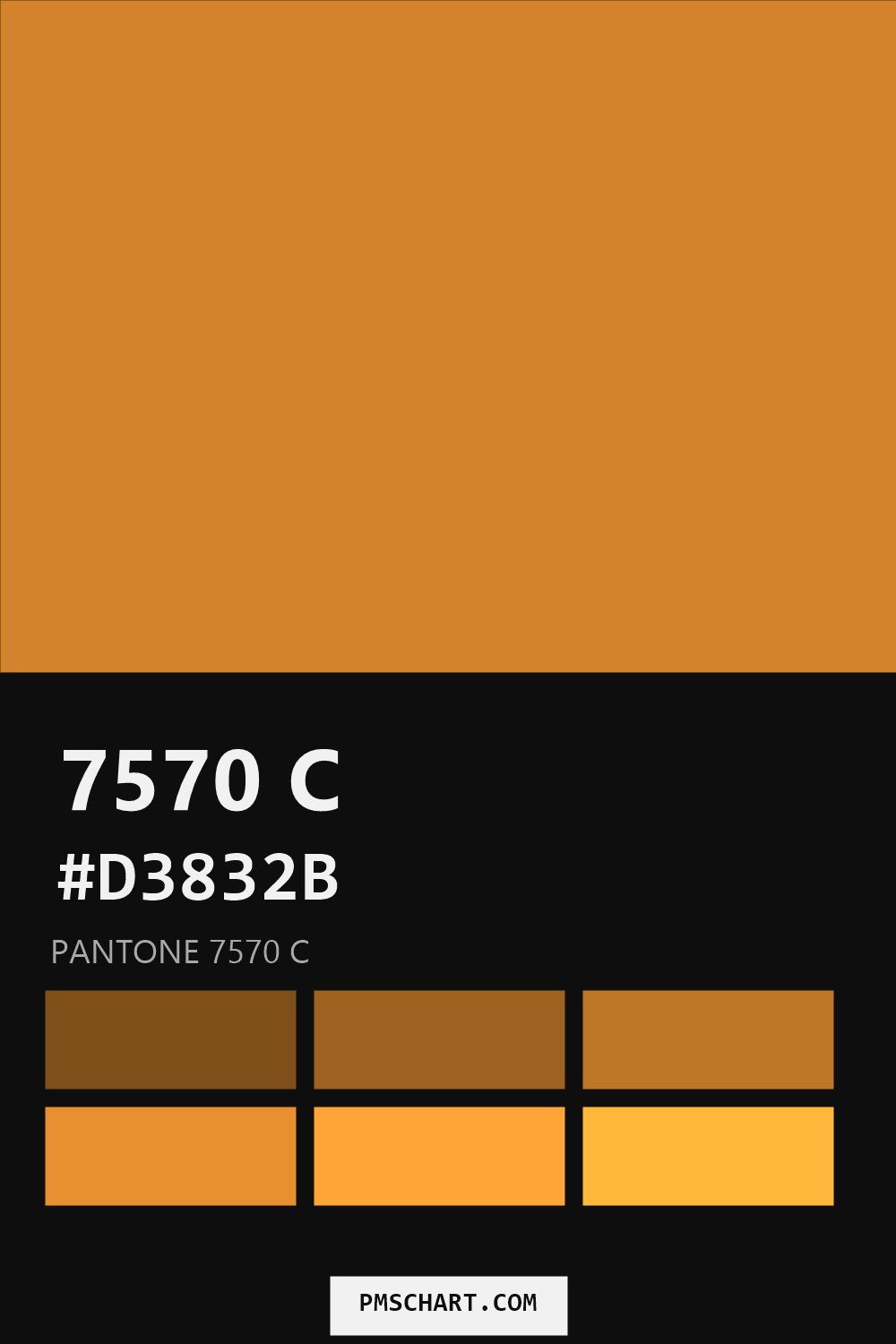 Pantone 7570 C color reference card (HEX #D3832B) with six nearest Pantone matches