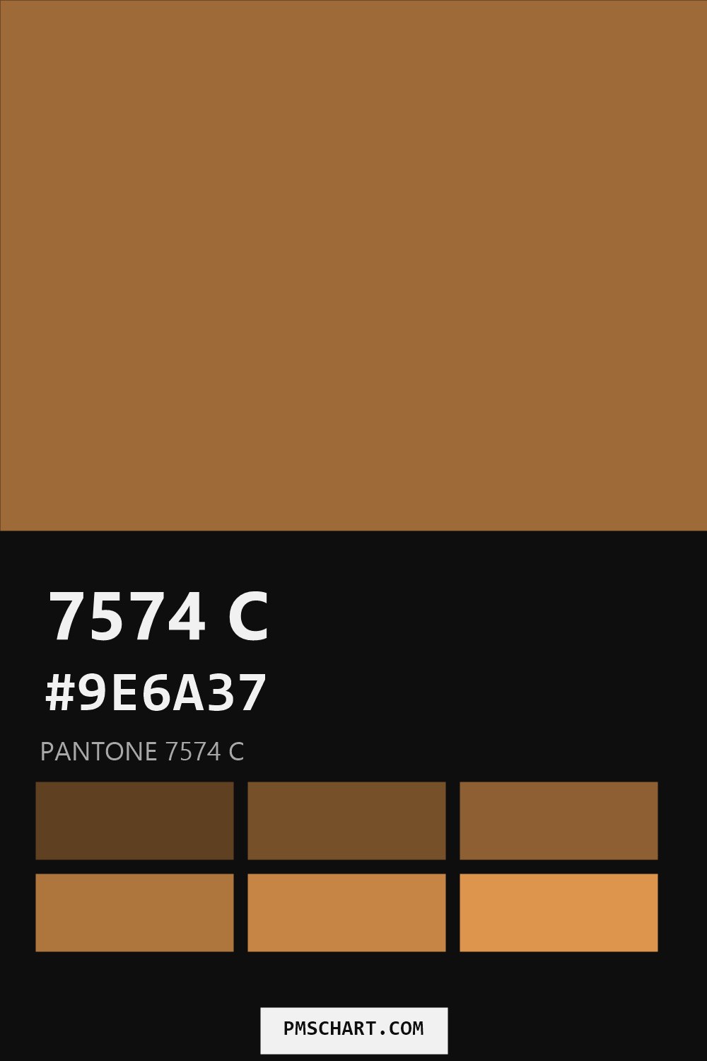 Pantone 7574 C color reference card (HEX #9E6A37) with six nearest Pantone matches