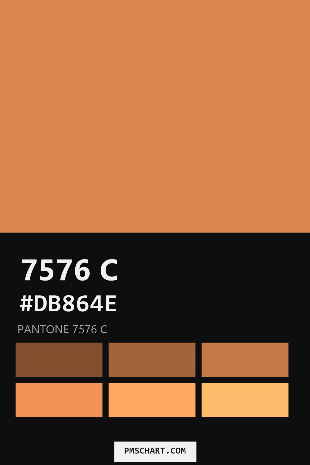 Pantone 7576 C color reference card (HEX #DB864E) with six nearest Pantone matches