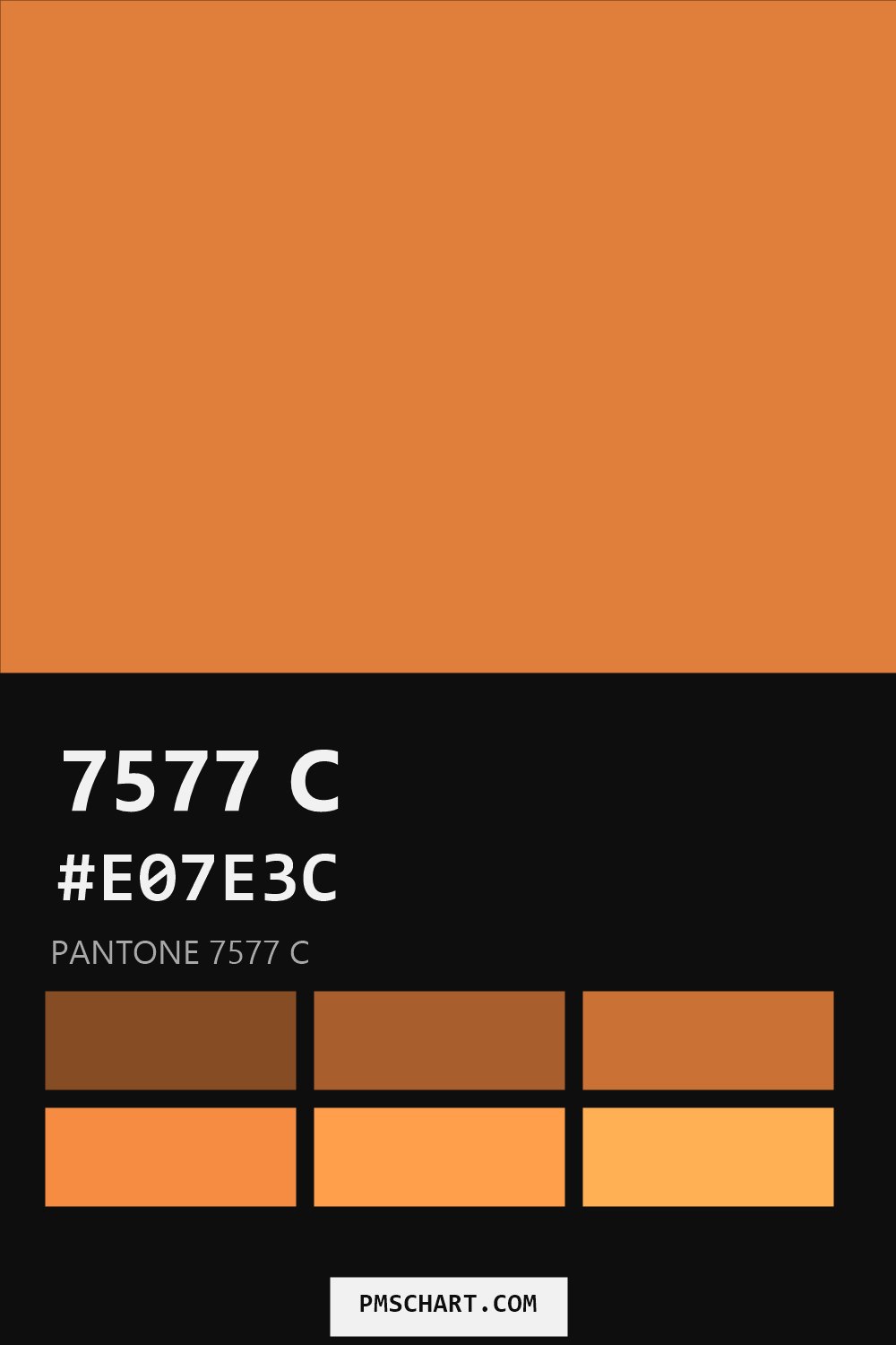 Pantone 7577 C color reference card (HEX #E07E3C) with six nearest Pantone matches