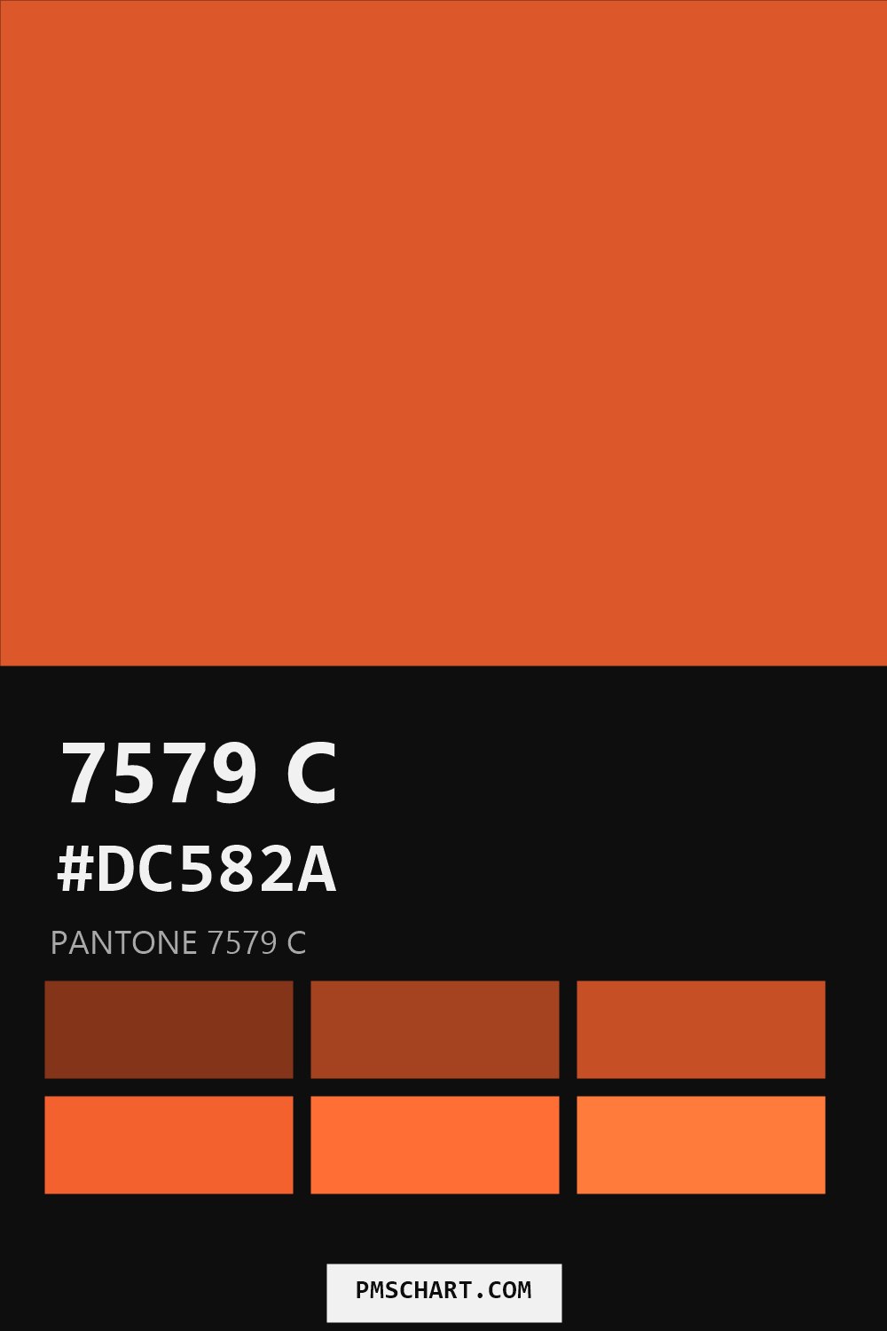Pantone 7579 C color reference card (HEX #DC582A) with six nearest Pantone matches