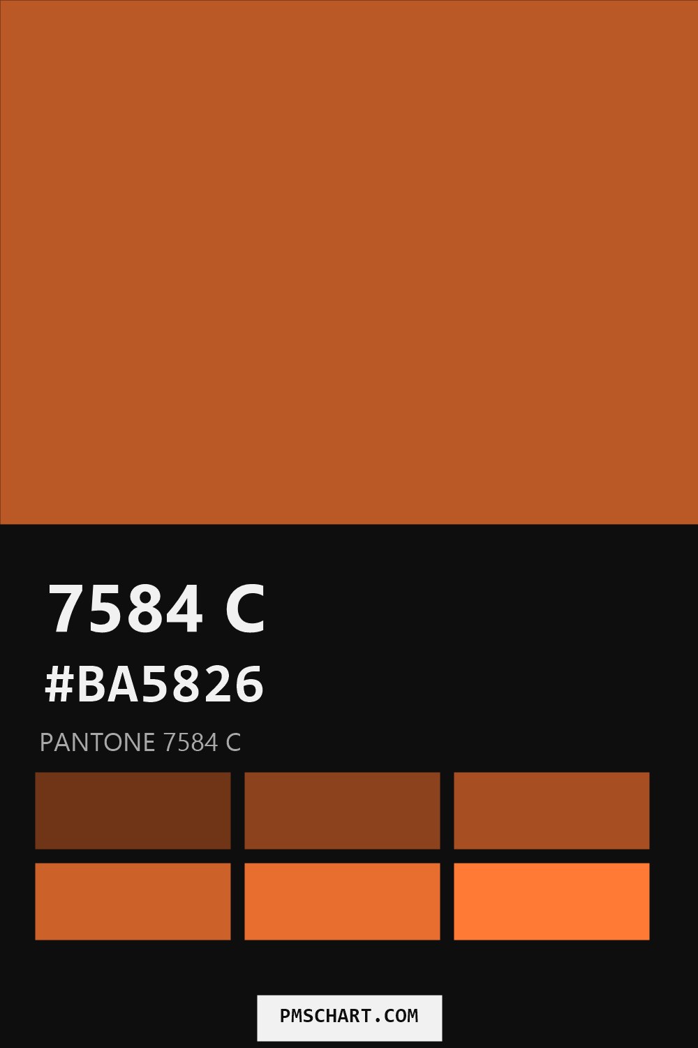 Pantone 7584 C color reference card (HEX #BA5826) with six nearest Pantone matches